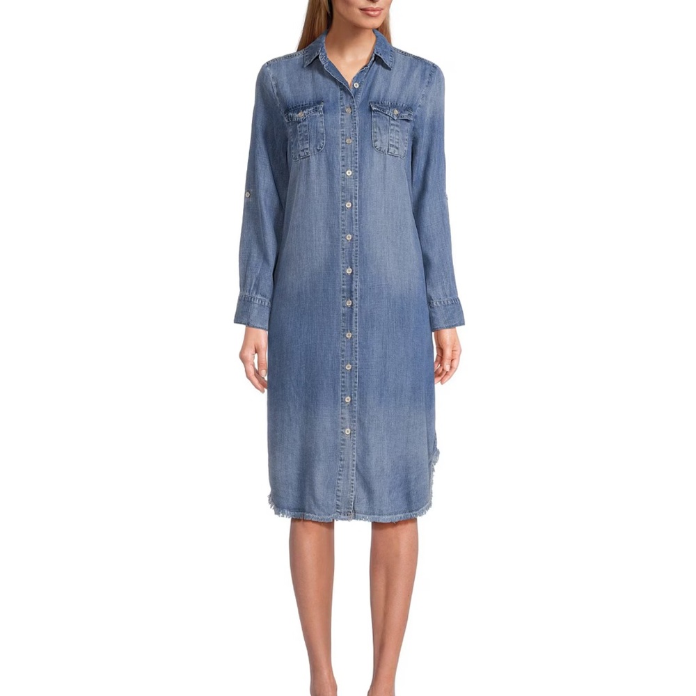 Cloth + Stone Denim Long Sleeve Shirt Dress with Frayed Hem | XL